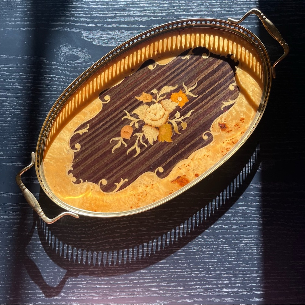 Monumental Italian Marquetry Inlay Serving Tray Oval from Jerusalem